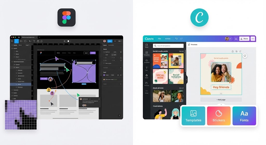 전문가용 벡터 디자인 툴 피그마(왼쪽)의 정교한 인터페이스와 초보자용 템플릿 툴 캔바(오른쪽)의 직관적인 드래그 앤 드롭 화면 비교
