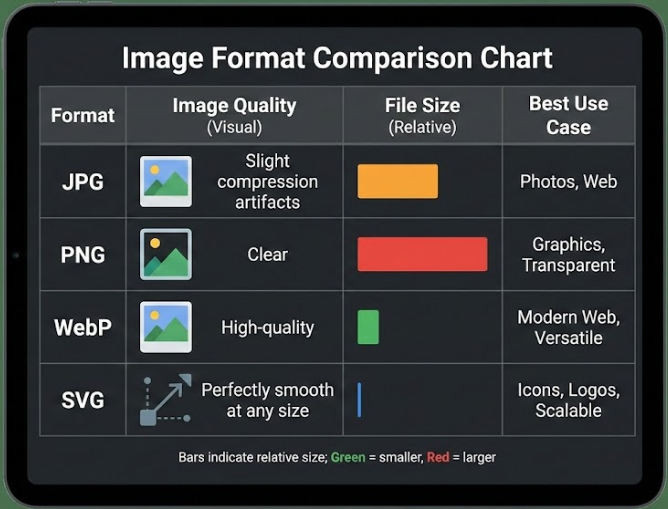 JPG, PNG, WebP, SVG 파일 형식별 용량과 화질 차이를 비교한 차트 이미지