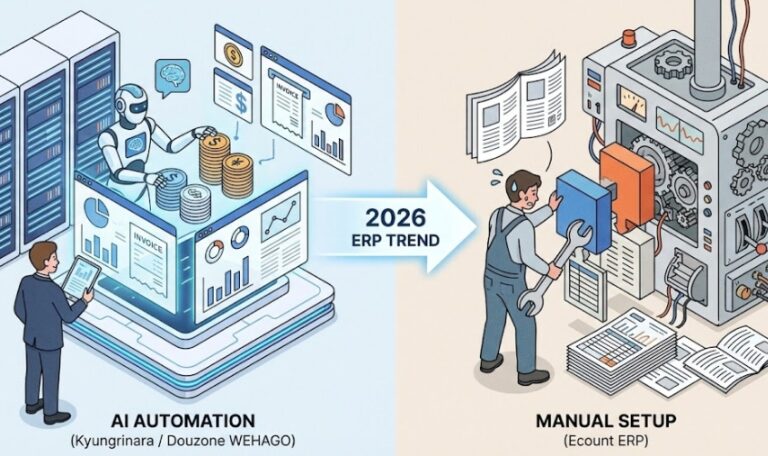 AI 로봇이 자동으로 장부를 정리하는 모습(경리나라/더존)과 사용자가 직접 복잡한 기계를 조립하는 모습(이카운트)을 대비시킨 2026년형 아이소메트릭 일러스트