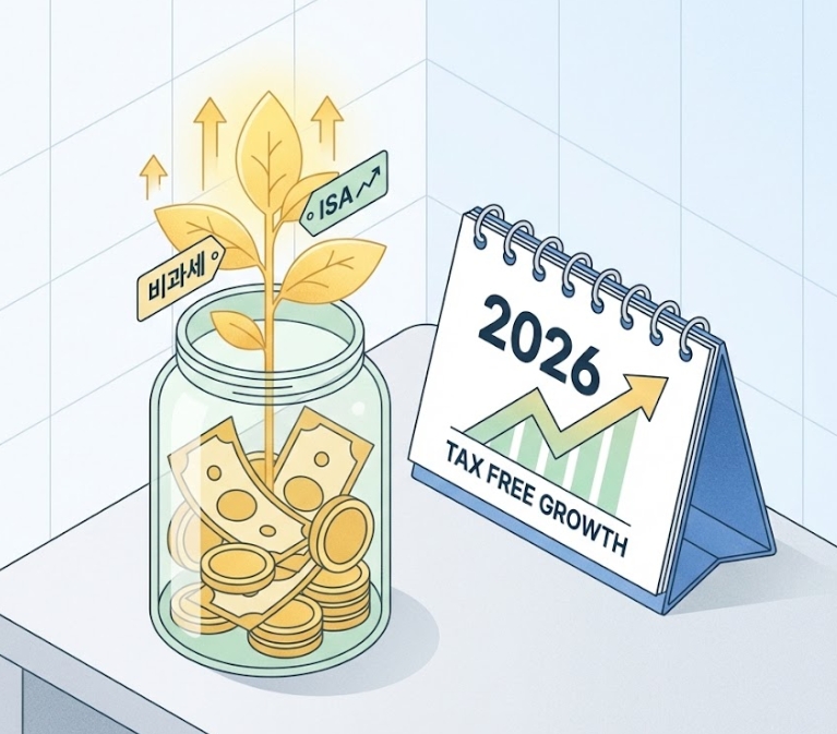 2026년 달력 옆에 투명한 유리병 속에서 금색 식물이 자라나고 있는 아이소메트릭 일러스트. 비과세 저축의 성장을 상징하는 미니멀한 플랫 디자인.