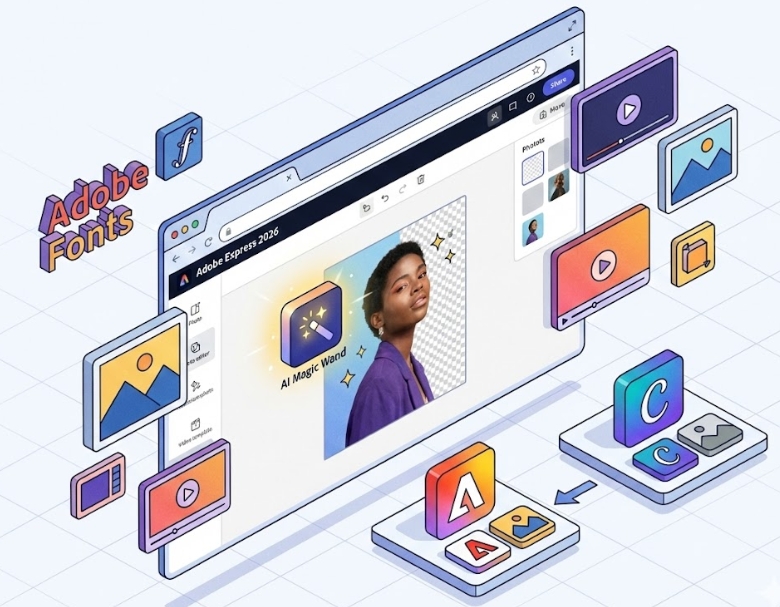 2026년형 어도비 익스프레스 웹 인터페이스에서 AI 마법봉 툴로 이미지를 편집하고, 캔바와 비교되는 고화질 에셋들이 둥둥 떠 있는 아이소메트릭 일러스트