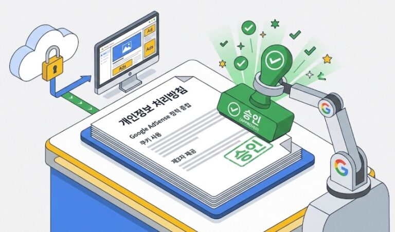 구글 애드센스 정책에 부합하는 한국어 개인정보 처리방침 문서에 승인 도장이 찍히는 과정을 묘사한 아이소메트릭 플랫 디자인 일러스트.