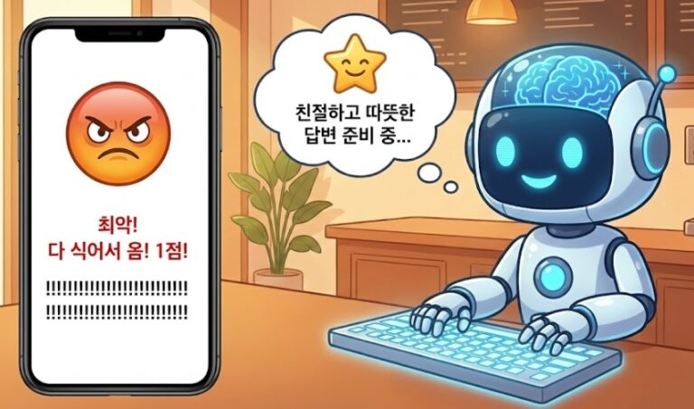 화난 표정의 손님 리뷰 스마트폰 화면과 그 옆에서 웃으면서 평온하게 키보드를 치고 있는 AI 로봇 일러스트.