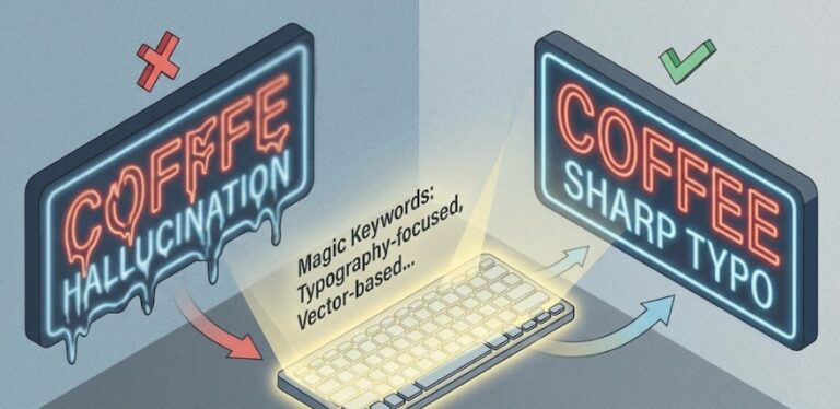 흐릿하게 녹아내린 텍스트와 매직 키워드 적용 후 선명하게 바뀐 벡터 스타일 텍스트를 대비시킨 아이소메트릭 일러스트, AI 프롬프트 팁