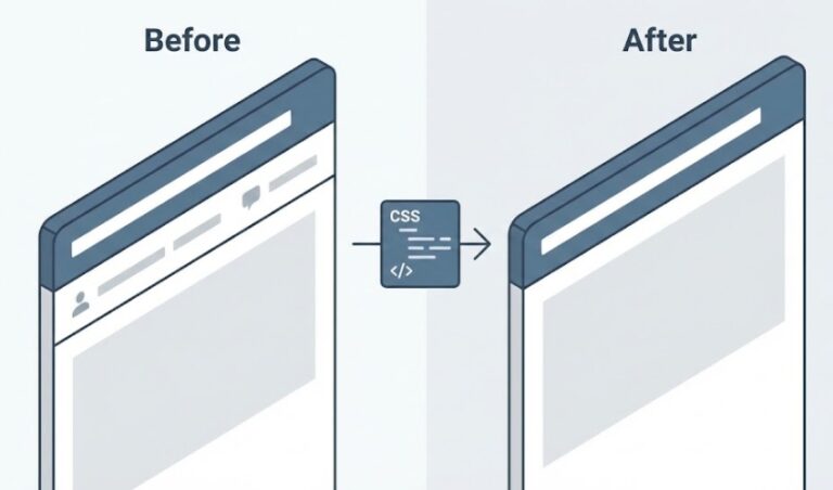 워드프레스 아스트라 테마의 글 상단 메타데이터(작성자, 댓글)가 CSS 코드를 통해 깔끔하게 삭제되는 전후 비교 모습을 묘사한 아이소메트릭 플랫 디자인 일러스트.
