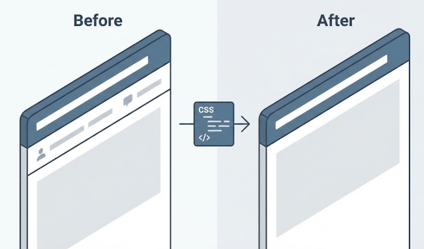 워드프레스 아스트라 테마의 글 상단 메타데이터(작성자, 댓글)가 CSS 코드를 통해 깔끔하게 삭제되는 전후 비교 모습을 묘사한 아이소메트릭 플랫 디자인 일러스트.