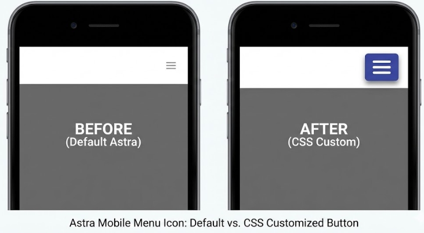 워드프레스 Astra 테마 모바일 메뉴 버튼의 기본 상태와 CSS 커스텀 후의 비교 이미지