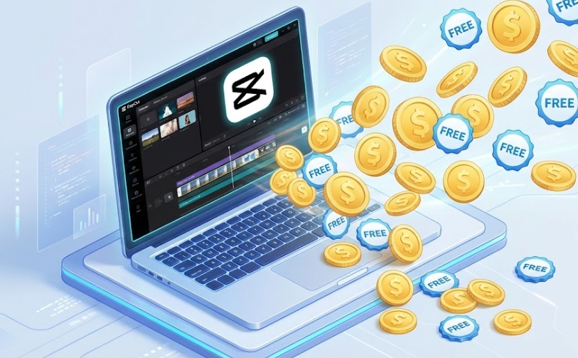 노트북 화면에서 캡컷(CapCut) 프로그램 타임라인이 실행되고 있고, 화면 밖으로 황금색 동전(절약)과 Free(무료) 배지가 쏟아져 나오는 모습을 표현한 아이소메트릭 3D 일러스트.