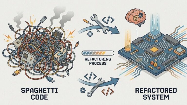 엉키고 복잡한 전선들이 리팩토링 과정을 통해 깔끔하게 정리된 회로도로 변하는 모습을 표현한 아이소메트릭 일러스트