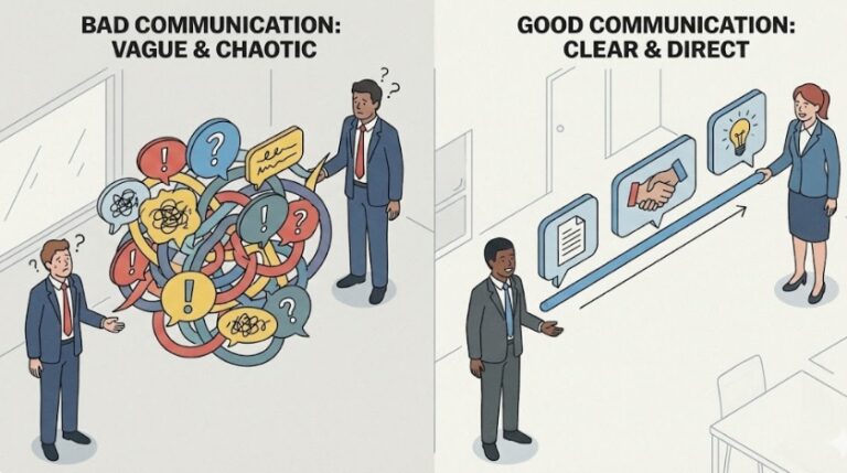 엉킨 실타래처럼 복잡한 대화 풍선과 직선으로 명확하게 연결된 대화 풍선을 비교한 아이소메트릭 일러스트, 비즈니스 커뮤니케이션