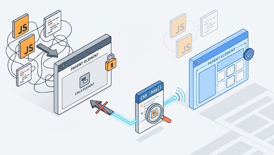 CSS :has() 선택자를 활용해 부모 요소를 제어하고 자바스크립트를 대체하는 과정을 보여주는 아이소메트릭 플랫 디자인 일러스트레이션. 반응형 디자인 최신 기법.