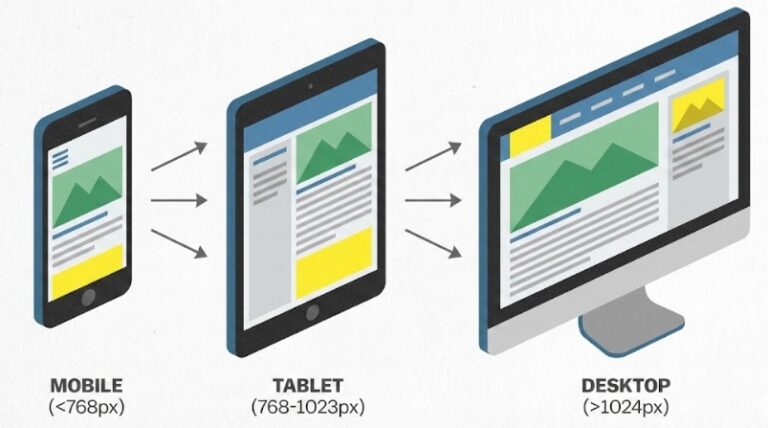 반응형 웹 디자인을 위한 스마트폰, 태블릿, PC 화면 크기별 레이아웃 변화 아이소메트릭 다이어그램