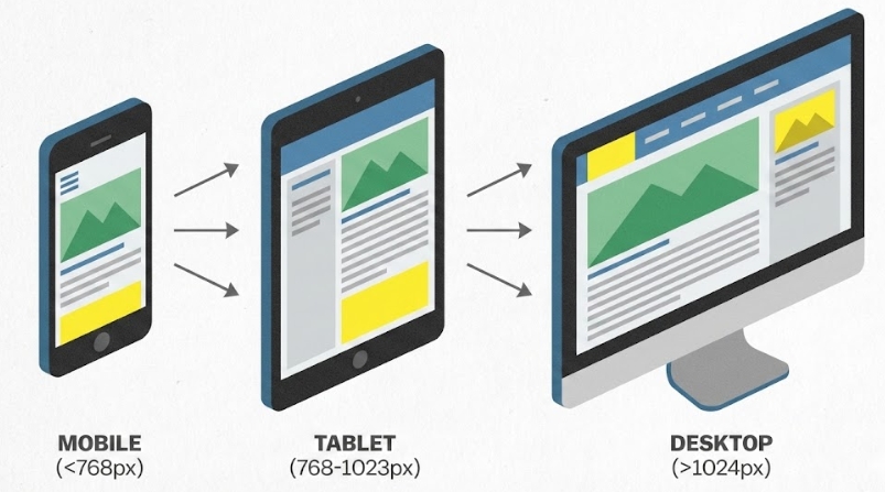 반응형 웹 디자인을 위한 스마트폰, 태블릿, PC 화면 크기별 레이아웃 변화 아이소메트릭 다이어그램