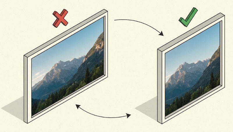 찌그러진 원본 이미지와 object-fit cover 속성으로 비율이 유지된 이미지를 비교한 아이소메트릭 일러스트