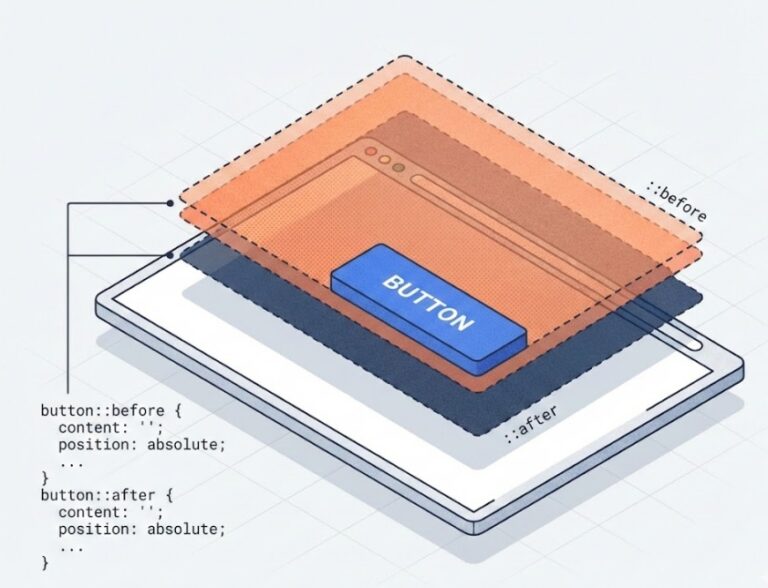 CSS 코드와 함께 웹페이지 요소 위에 겹쳐지는 투명한 레이어를 보여주는 아이소메트릭 일러스트레이션