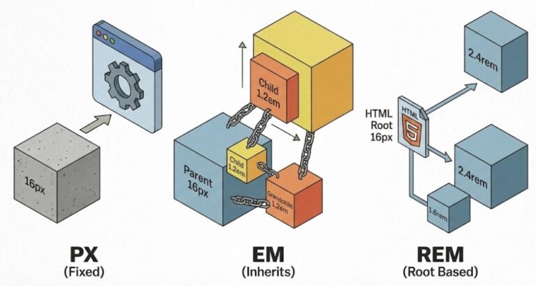 픽셀(px), em, rem 단위의 반응형 동작 원리를 비교한 아이소메트릭 다이어그램, 웹 디자인 단위 비교