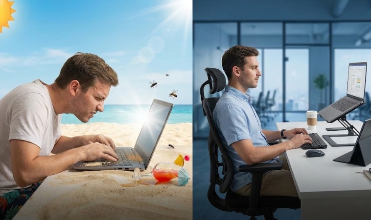 왼쪽에는 해변가에서 햇빛 때문에 불편하게 일하는 모습, 오른쪽에는 거치대와 키보드로 잘 갖춰진 인체공학적 데스크 셋업을 비교한 이미지