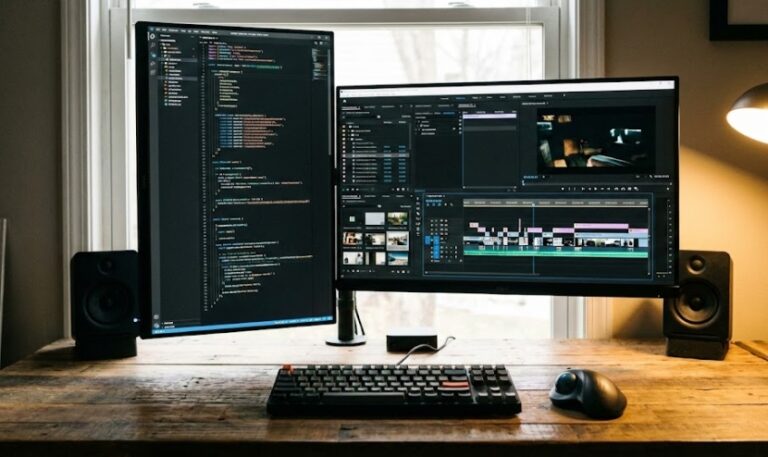 나무 책상 위에 설치된 듀얼 모니터 모습, 왼쪽은 세로로 세워 코딩 화면을 띄우고 오른쪽은 가로로 영상 편집 타임라인을 띄운 작업 환경