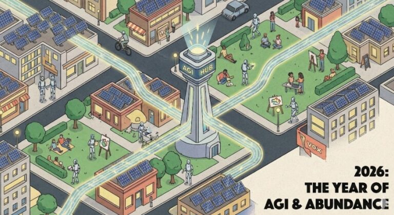 복스(Vox) 미디어 스타일의 아이소메트릭 일러스트. 2026년 AGI 시대를 배경으로 태양광 에너지가 흐르는 도시와 휴머노이드 로봇, 그리고 풍요로운 삶을 즐기는 사람들의 모습을 시각화.