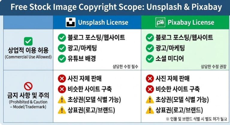 무료 이미지 사이트(Unsplash, Pixabay)의 상업적 이용 허용 범위와 금지 사항(초상권, 상표권)을 비교한 차트