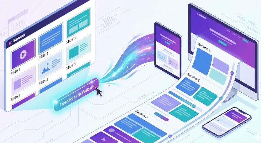 PPT와 웹사이트를 오가는 감마의 유연성 감마(Gamma) AI 인터페이스에서 프레젠테이션 슬라이드가 클릭 한 번으로 매끄러운 스크롤 방식의 웹사이트로 변환되는 과정을 묘사한 아이소메트릭 플랫 디자인 일러스트.