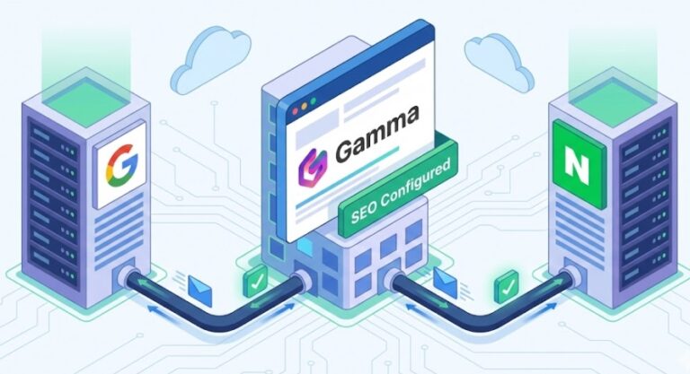 감마(Gamma) 로고가 박힌 웹사이트가 구글과 네이버 검색 엔진 서버와 데이터 케이블로 연결되어 승인 신호를 주고받는 과정을 묘사한 아이소메트릭 플랫 디자인 일러스트.