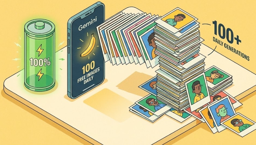 100% 충전된 배터리 아이콘과 스마트폰 옆에 쌓인 100장의 폴라로이드 사진을 통해 풍부한 무료 사용량을 표현한 아이소메트릭 일러스트