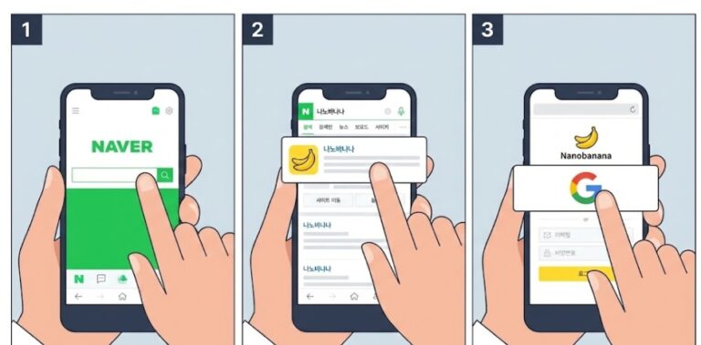 스마트폰 화면에서 네이버 검색창에 '나노바나나'를 입력하고 구글 로그인 버튼을 누르는 과정을 1, 2, 3단계로 알기 쉽게 표현한 카드 뉴스 형태의 일러스트.