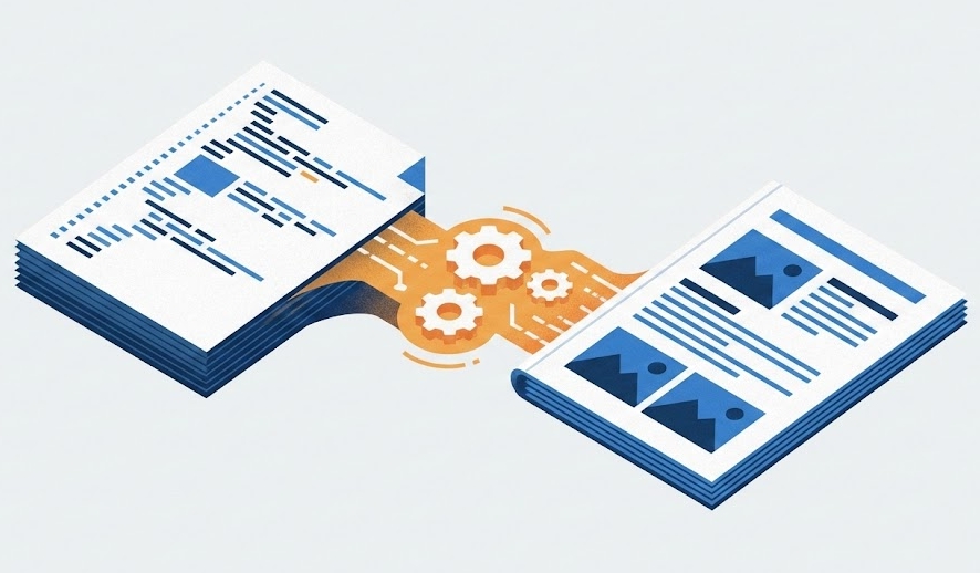 HTML 코드가 깔끔한 디자인의 PDF 문서로 변환되는 과정을 보여주는 아이소메트릭 일러스트레이션. HTML 파일 PDF 변환, CSS 스타일 유지.