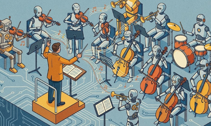 인간 지휘자가 로봇 연주자들을 지휘하는 모습을 표현한 아이소메트릭 일러스트, AI 협업 개념도