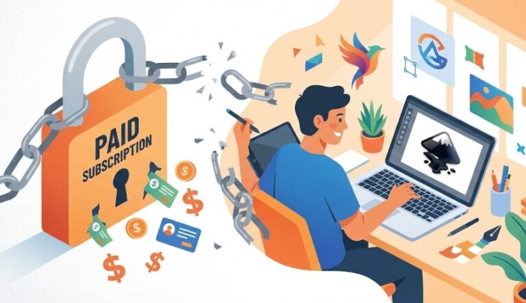 유료 구독 서비스의 쇠사슬을 끊고 잉크스케이프를 통해 자유로운 벡터 디자인 작업을 하는 모습을 묘사한 아이소메트릭 플랫 디자인 일러스트.