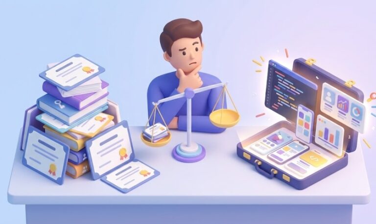 IT 취업 준비생이 책상 위에서 왼쪽에는 정보처리기사 자격증 더미를, 오른쪽에는 화려한 실무 프로젝트 포트폴리오를 두고 고민하며 저울질하는 모습을 표현한 3D 아이소메트릭 일러스트.