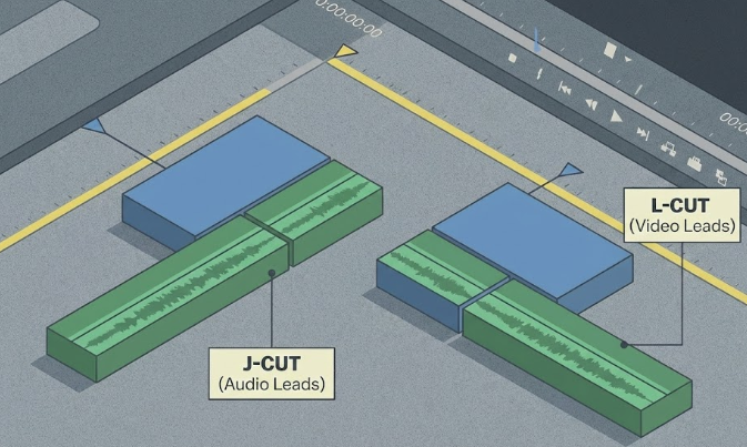 비디오 편집 프로그램 타임라인에서 비디오 트랙과 오디오 트랙이 엇갈려 알파벳 J와 L 모양을 형성하고 있는 아이소메트릭 일러스트