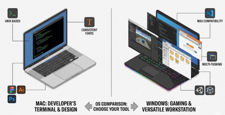 맥북의 터미널 개발 환경과 윈도우 노트북의 다중 작업 환경을 비교한 아이소메트릭 일러스트, OS 비교