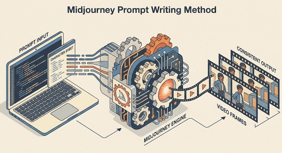 미드저니 프롬프트 작성방법을 통해 캐릭터 시트가 비디오 프레임으로 정교하게 구현되는 과정을 보여주는 아이소메트릭 플랫 디자인 일러스트.