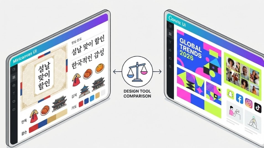 토종의 디테일이냐, 글로벌의 스케일이냐 한국적인 디자인 요소가 강한 미리캔버스 UI와 글로벌하고 트렌디한 디자인 요소가 강한 캔바 UI를 비교한 아이소메트릭 일러스트