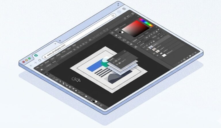 웹 브라우저 안에서 실행되는 포토샵과 유사한 UI를 가진 포토피아 작업 화면 아이소메트릭 일러스트