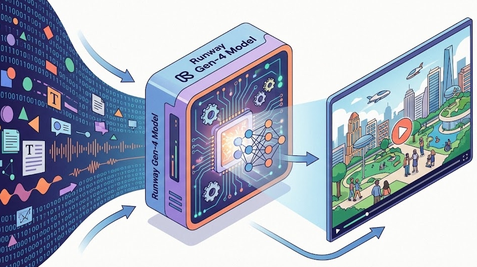 런웨이 AI Gen-4 모델을 활용해 데이터가 고품질 비디오로 변환되는 과정을 묘사한 아이소메트릭 플랫 디자인 일러스트레이션.