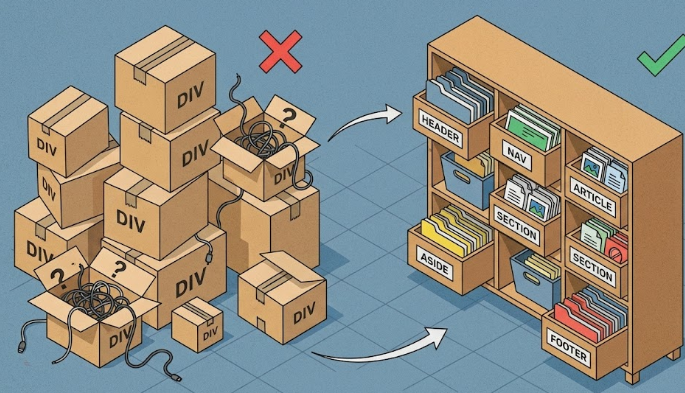 엉망으로 쌓인 DIV 박스 더미와 깔끔하게 정리된 시맨틱 태그 서랍장을 비교한 아이소메트릭 일러스트