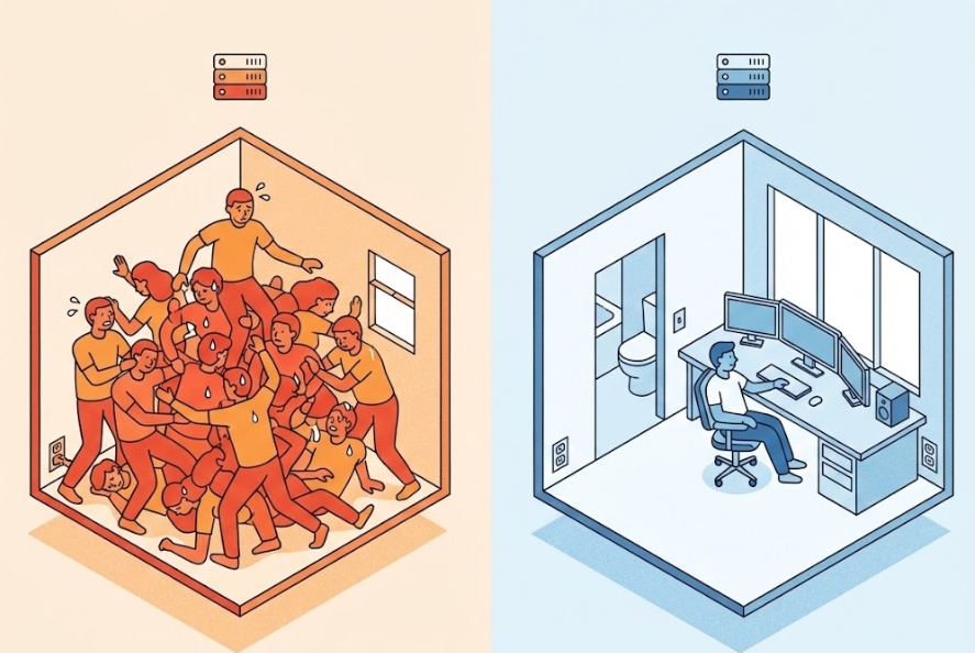 Shared Hosting vs Dedicated Server Concept 좁은 방에 여러 명이 엉켜 있는 모습(공유 호스팅)과 쾌적한 독방을 쓰는 모습(단독 호스팅)을 비교한 아이소메트릭 일러스트