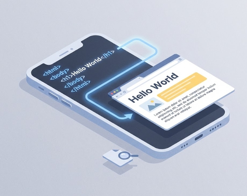 스마트폰 화면에 HTML 코드가 웹페이지로 렌더링되어 나타나는 모습을 표현한 아이소메트릭 일러스트레이션. 미니멀한 플랫 디자인.