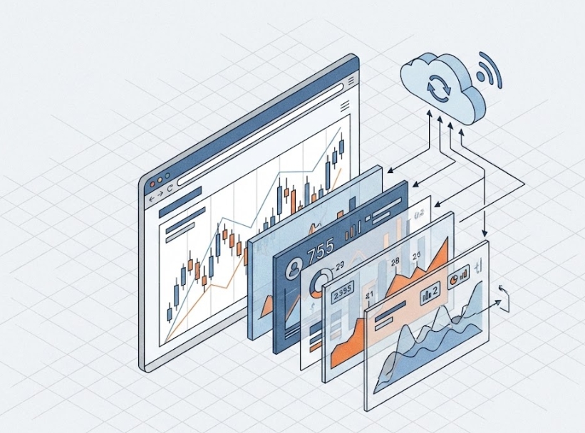 웹 브라우저 화면 밖으로 튀어나오는 입체적인 주식 차트와 데이터 레이어, 클라우드 동기화를 상징하는 아이소메트릭 일러스트