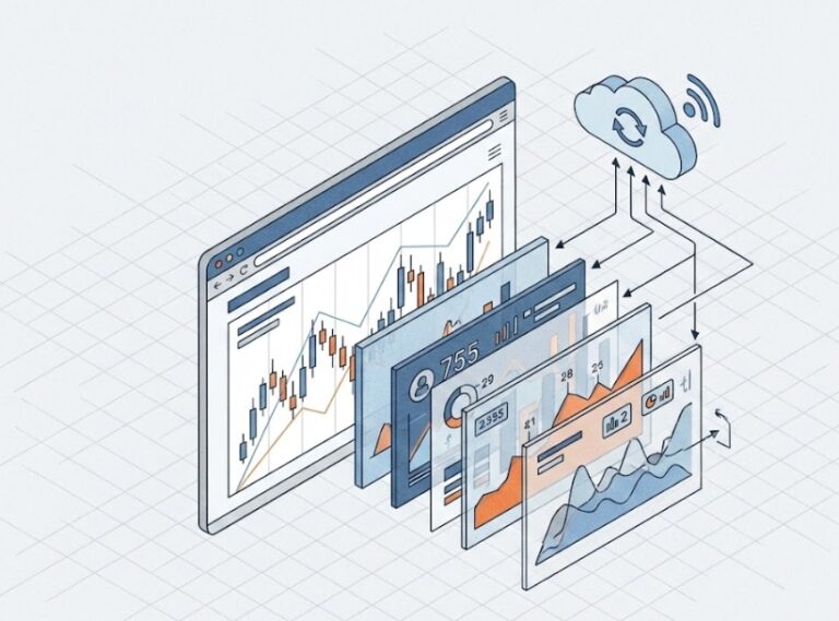 웹 브라우저 화면 밖으로 튀어나오는 입체적인 주식 차트와 데이터 레이어, 클라우드 동기화를 상징하는 아이소메트릭 일러스트