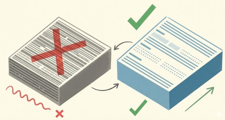 빽빽한 자간과 행간으로 읽기 힘든 텍스트 블록과 적절한 여백으로 가독성이 높은 텍스트 블록을 대비시킨 아이소메트릭 일러스트