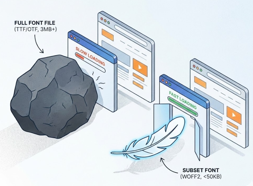 무거운 바위(원본 폰트)와 가벼운 깃털(서브셋 폰트)이 웹 브라우저 게이트를 통과하는 모습을 비교한 아이소메트릭 일러스트