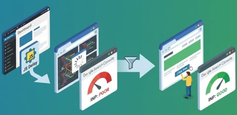 워드프레스 플러그인을 통해 복잡한 자바스크립트 실행을 지연시키고 구글 서치 콘솔의 INP 점수가 붉은색에서 녹색으로 변하는 과정을 묘사한 아이소메트릭 플랫 디자인 일러스트.