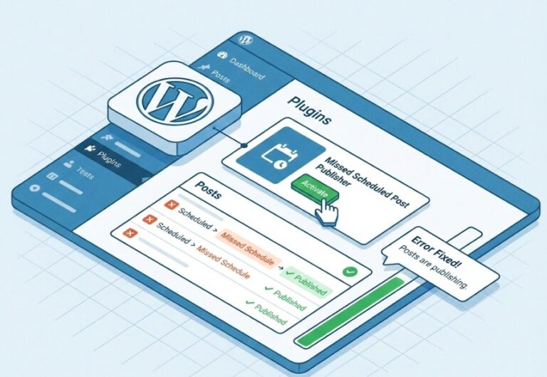 워드프레스 관리자 화면에서 예약 발행 플러그인을 활성화하여 오류를 해결하는 모습을 나타낸 아이소메트릭 일러스트