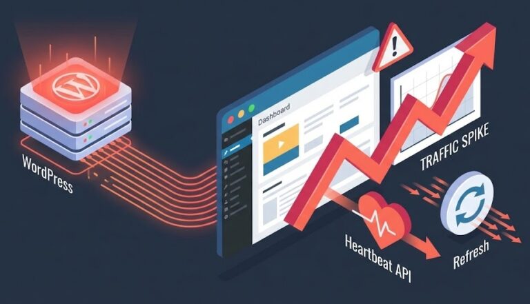 워드프레스 관리자 대시보드에서 하트비트 API와 잦은 새로고침으로 인해 트래픽이 치솟는 과정을 묘사한 아이소메트릭 플랫 디자인 일러스트.