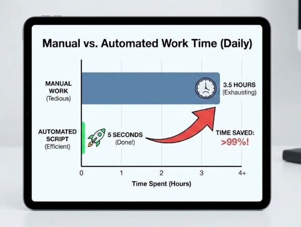 수동 업무 시간과 자동화 스크립트 실행 시간을 비교한 막대그래프, 시간 절약 효과 강조