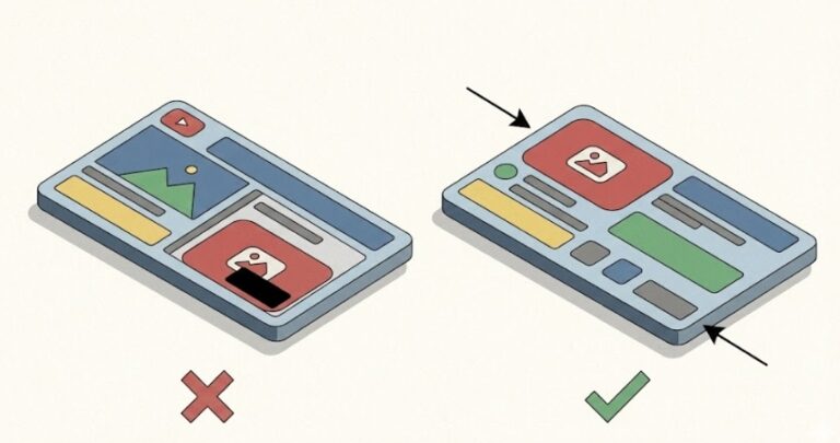 유튜브 썸네일의 우측 하단 타임스탬프 위치를 피하고 좌측 상단을 활용한 올바른 텍스트 배치 예시를 보여주는 아이소메트릭 일러스트